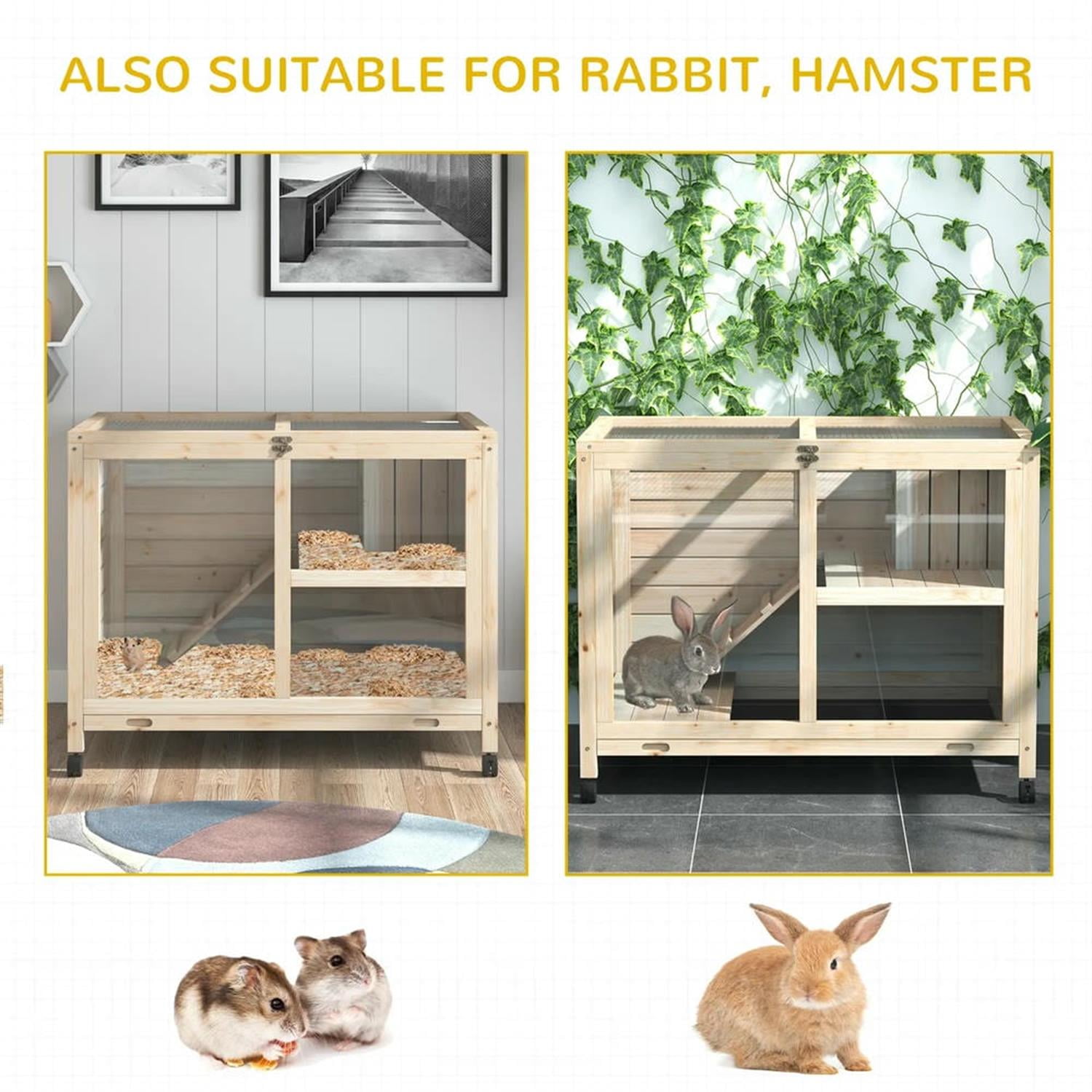 Kadyn 36" Indoor Wooden Rabbit Hutch with Openable Roof, Removable Tray and Wheels, Outdoor Bunny Cage for Bunnies, Guinea Pigs, Beige