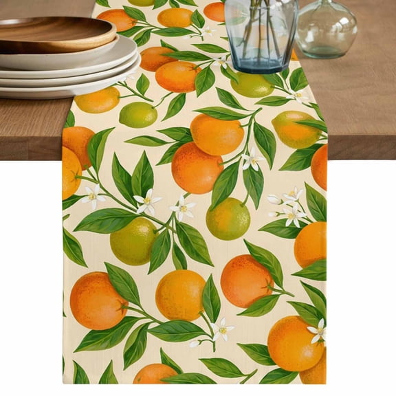Green Orange Table Runner 72 Inches, Summer Botanical Leaves Watercolor Bed Runner Dresser Scarves Tabletop for Indoor Outdoor Parties/Ceremony/Banquet, 18" x 72"