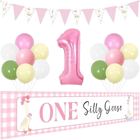 One Silly Goose 1st Birthday Party Decorations, One Silly Goose Yard Banner Pink Duck Pennant Banner Balloons Decoration for Girls Farm Animal Duck First Birthday Party Supplies