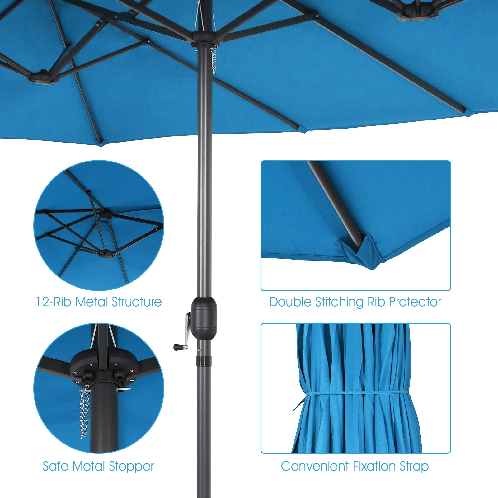 Patiojoy 15FT Double-Sided Twin Patio Umbrella Extra-Large Market Umbrella for Outdoor Blue