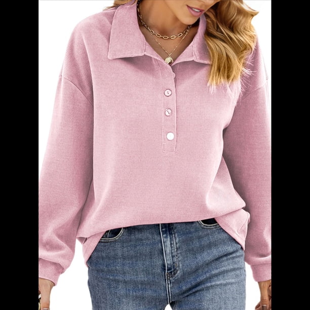 Sudadera Tipo Túnica de Larga Holgada para Mujer, Cuello Abotonado, Color Liso, para Invierno Rosa XL