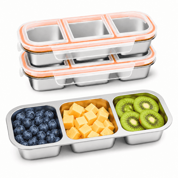 2 Pack Stainless Steel Snack Containers, 3 Compartment Leak Proof Bento Box, 7 oz Reusable Food Containers with Lids for Sauce, Snacks, Meal Prep, Office, Travel and On-the-Go Meals