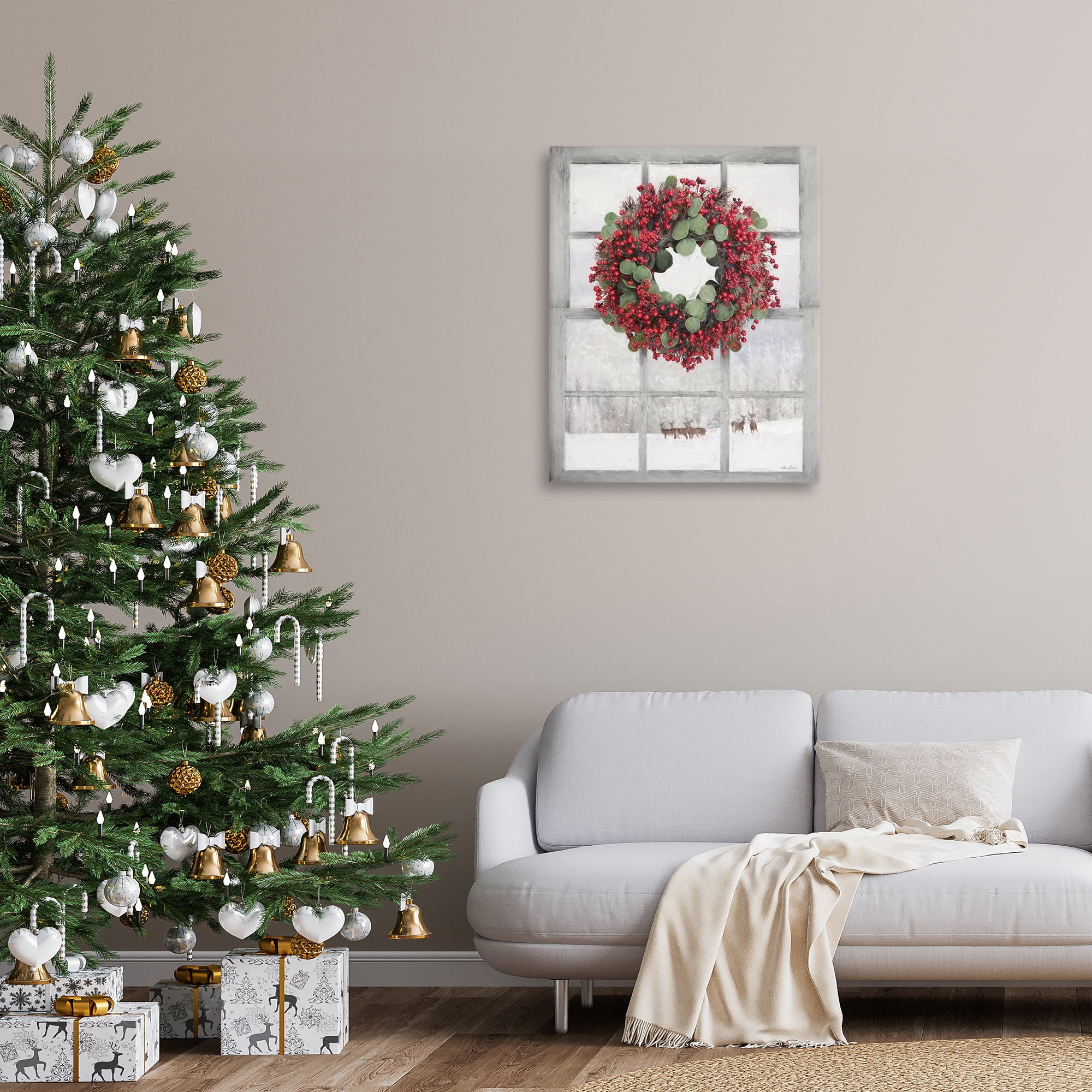 Stupell Industries Holly Wreath & Reindeer Holiday Painting Gallery Wrapped Canvas Art Print Wall Art, 30 x 40