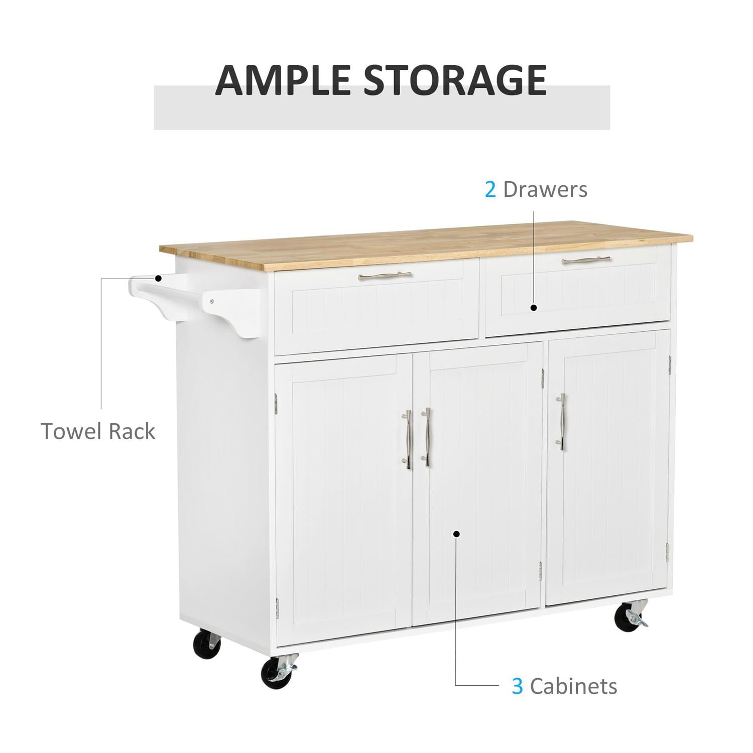 Demi Bonn 47" Mobile Kitchen Island with Storage, Adjustable Shelves, Storage Drawers, Towel Rack, 3-Door Cabinet for Organizing, Storage, White