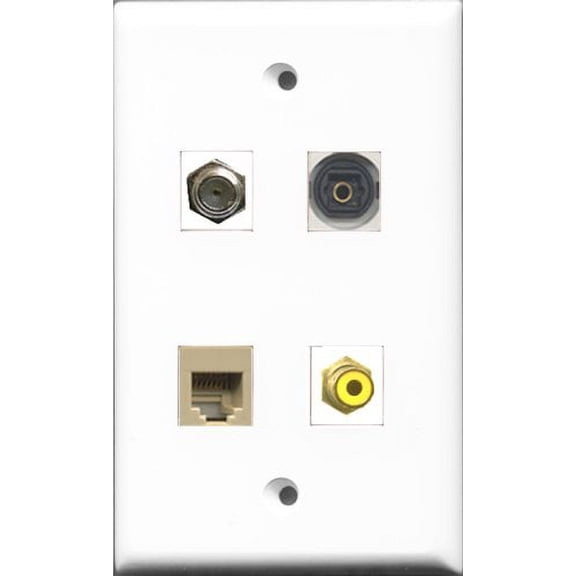 RiteAV 1 Port RCA Yellow and 1 Port Coax Cable TV- F-Type and 1 Port Phone RJ11 RJ12 Beige and 1 Port Toslink Wall Plate