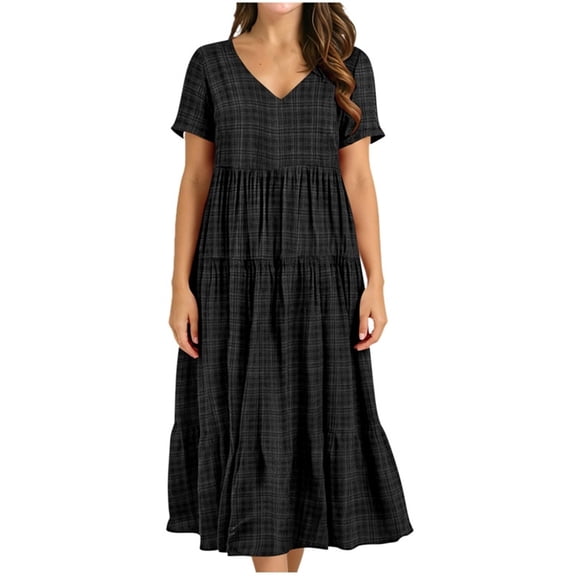 Iyufng Women's Checkered Dresses V-Neck Short-Sleeve Pleated Dress