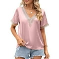 thumbnail image 5 of TIHLMK T Shirts for Women Pink Fashion Women's Summer V-Neck Lace Patchwork Short Sleeve Top Blouse Gift for Womens Tops, 5 of 7