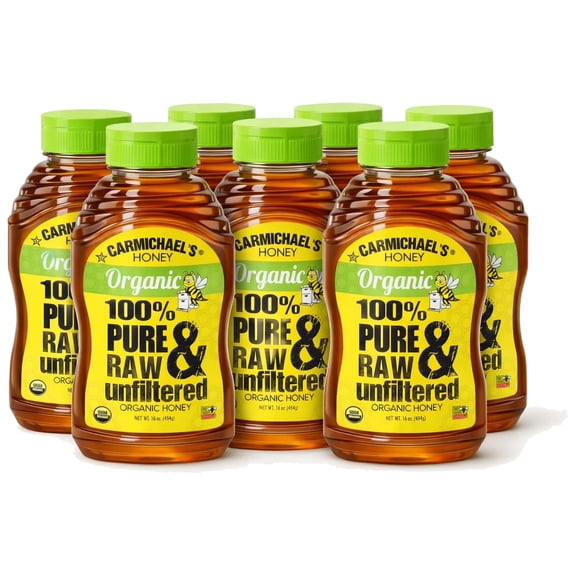 Carmichael’s Honey Organic Honey, Raw & Unfiltered, 6 Pack, 16 oz Each – Pantry Staple for Breakfast, Baking, and Everyday Sweetening