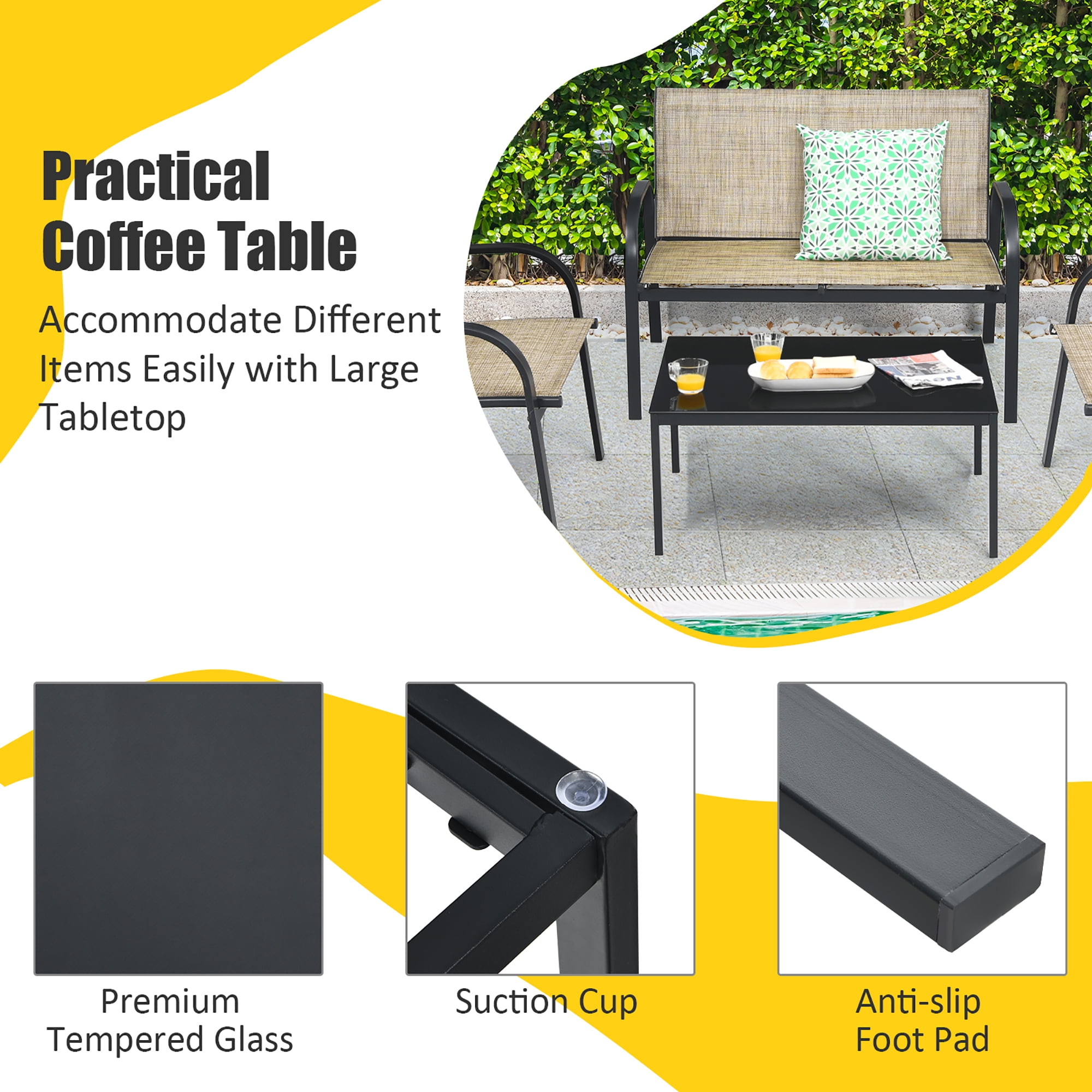 Costway 4 PCS Patio Furniture Set Sofa Coffee Table Steel Frame Garden Brown