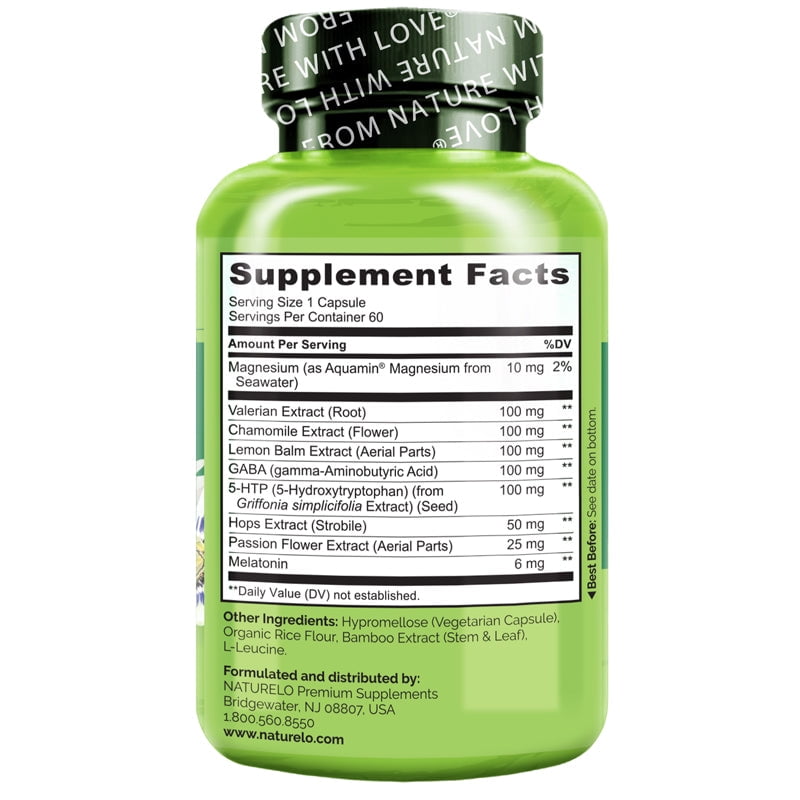 NATURELO Sleep Aid - with Melatonin, Magnesium, GABA, Valerian Root, Lemon Balm, Chamomile Herbal Extracts - Plant-Based Sleeping Aid - 60 Vegan Capsules