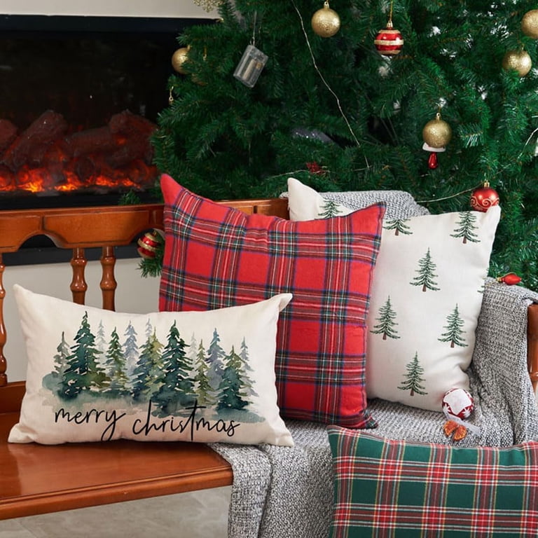 Christmas Tree Throw Pillow Covers Set Of 2, 12x20 Inch, Green Snowflake Plush Embroidery Holiday Decor