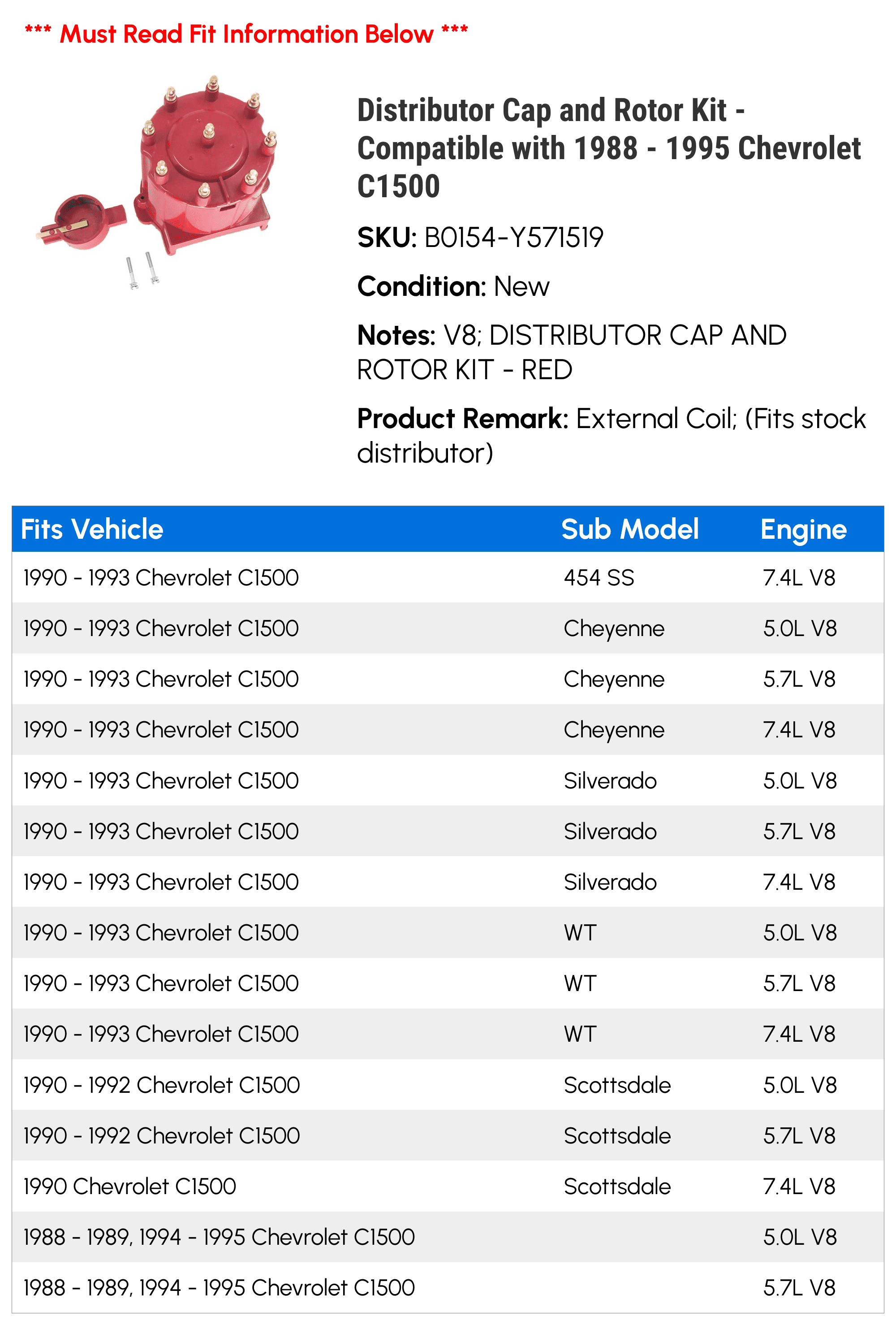 Distributor Cap and Rotor Kit - Compatible with 1988 - 1995 Chevy C1500 1989 1990 1991 1992 1993 1994