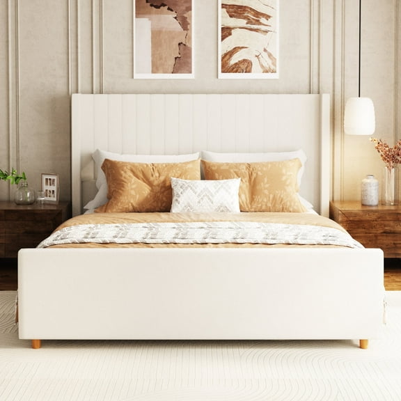 King Size Bed Frame, Upholstered Platform Bed with 62" Tall Headboard & Footboard, Soft Velvet Fabricbed Bed, Easy Assembly, Beige