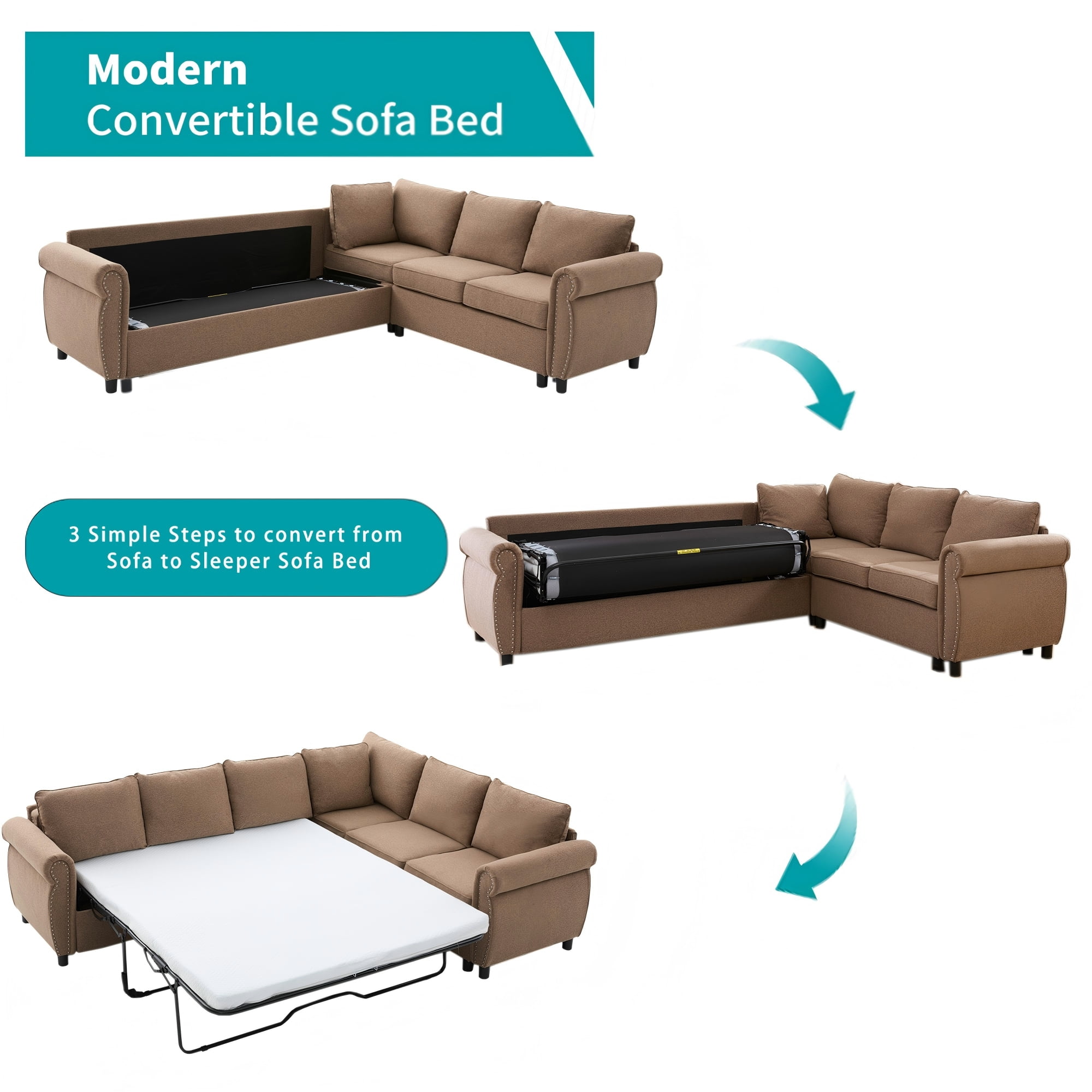 LLappuil Sectional Sofa, Pull Out Sofa Bed Queen Size, 6 Seat Sofa Couch Convertible Sleeper Sofa Bed for Living Room Brown