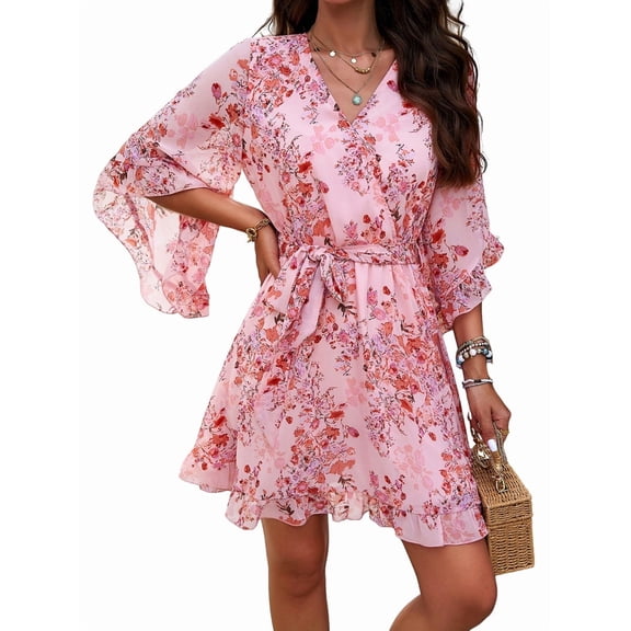 Woman'S Floral V Neck Lace-UP Waist Dress Pink L