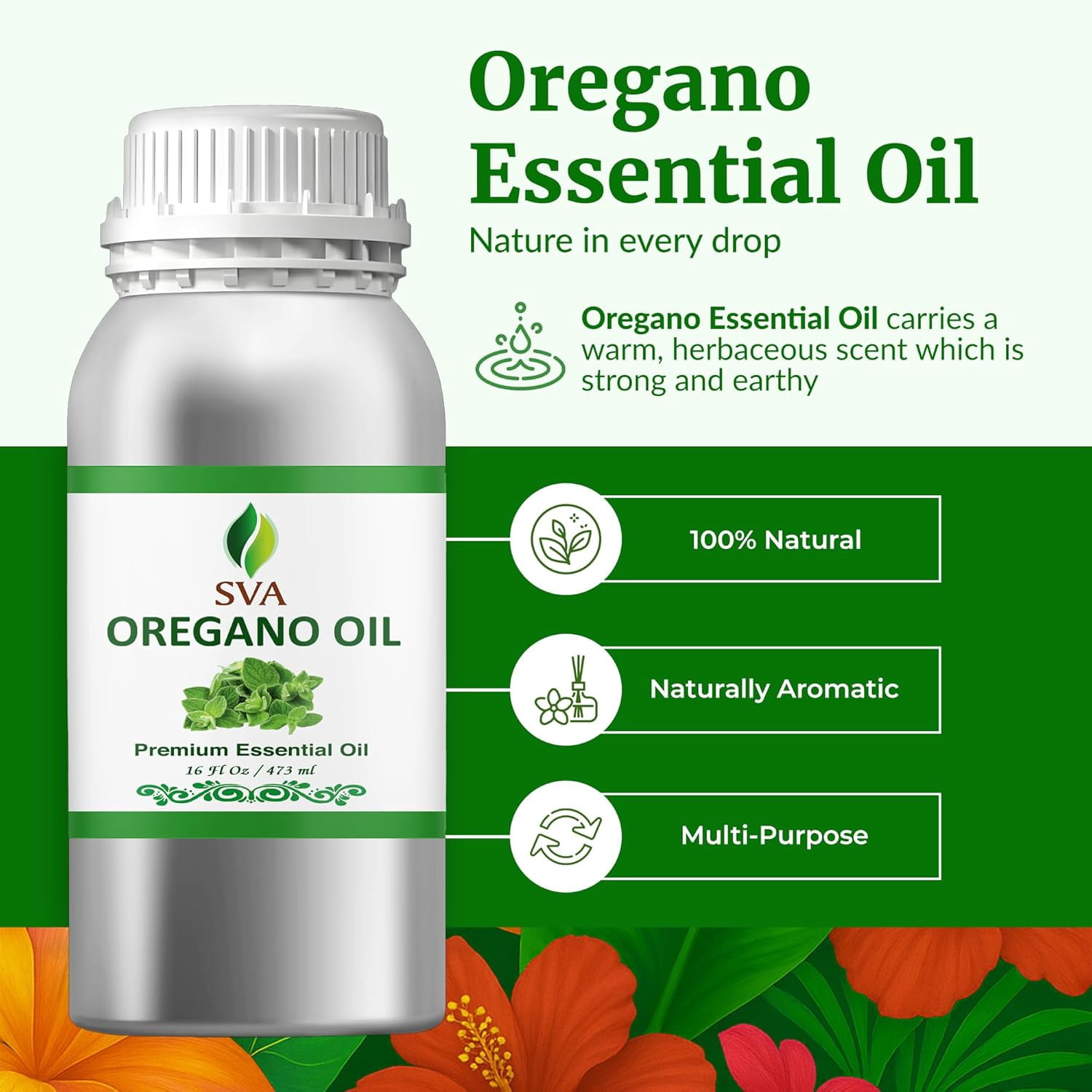 SVA Oregano Essential Oil – 16 Fl Oz – 100% Natural Oregano Oil - for Diffuser, Hair Care, Face, Skin Care, Aromatherapy, Scalp and Body Massage, Soap and Candle Making