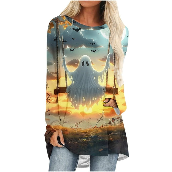Hvot&aat Women's Halloween Printed Lightweight Tunics Tops Loose Fit Crewneck Long Sleeve Pullover Wear With Leggings
