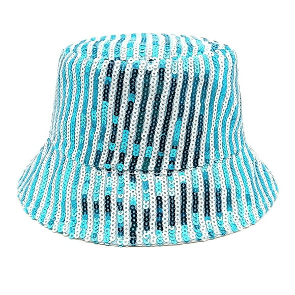 Under $10 Bucket Hats Blue Sequins Bucket Hat for Women Men Glitter Sequins Strips Fisherman Hat Unisex Reversible Sun Hat for Beach Outdoor