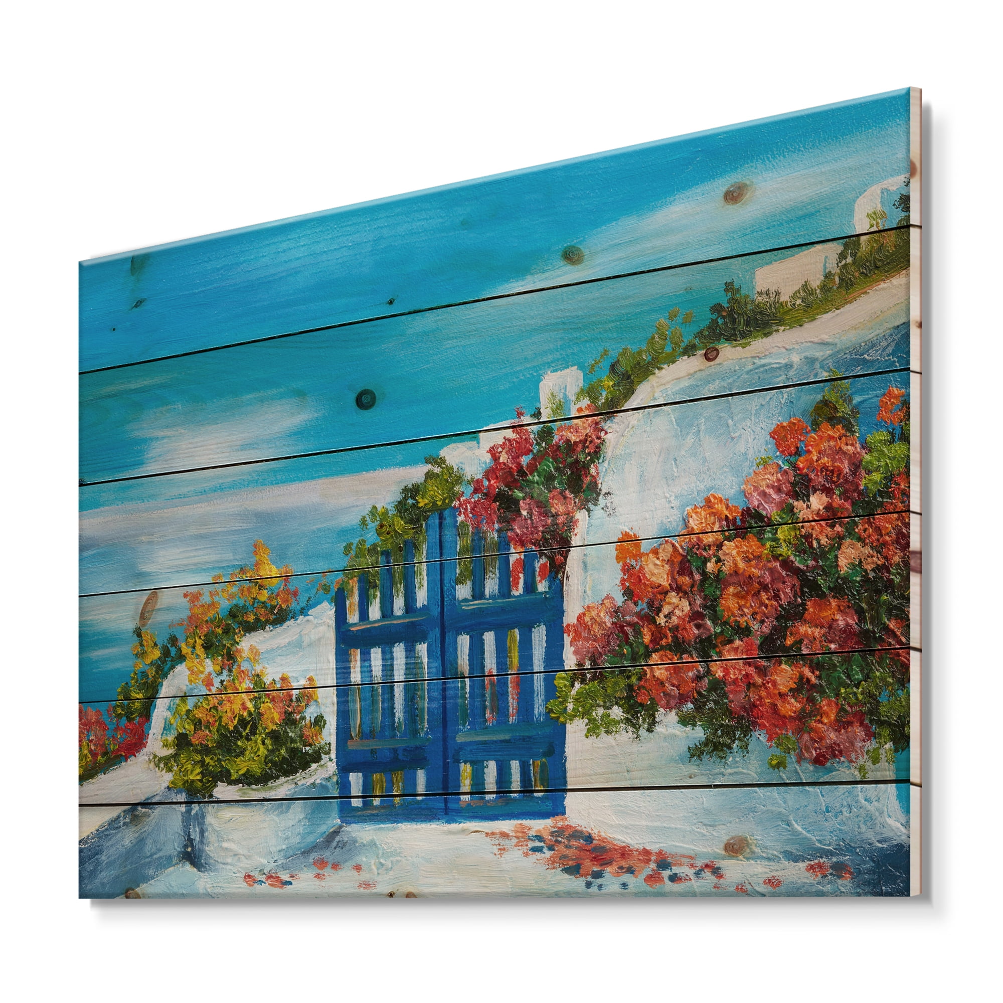 Designart 'House With Colorful Flowers Near The Sea III' Nautical & Coastal Print on Natural Pine Wood