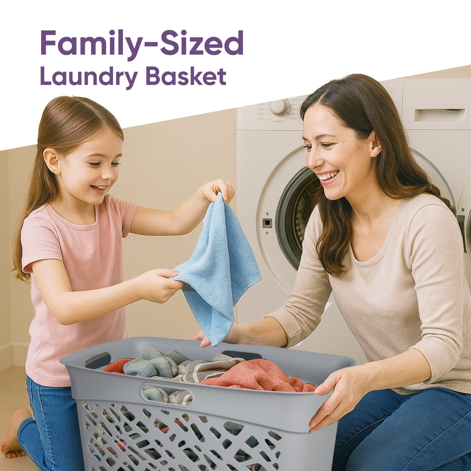 Non-Breakable Mosaic Laundry Basket, 45L -Dark Gray, Decorative Storage, Vented Design, Made in France, Modern Home Organizer
