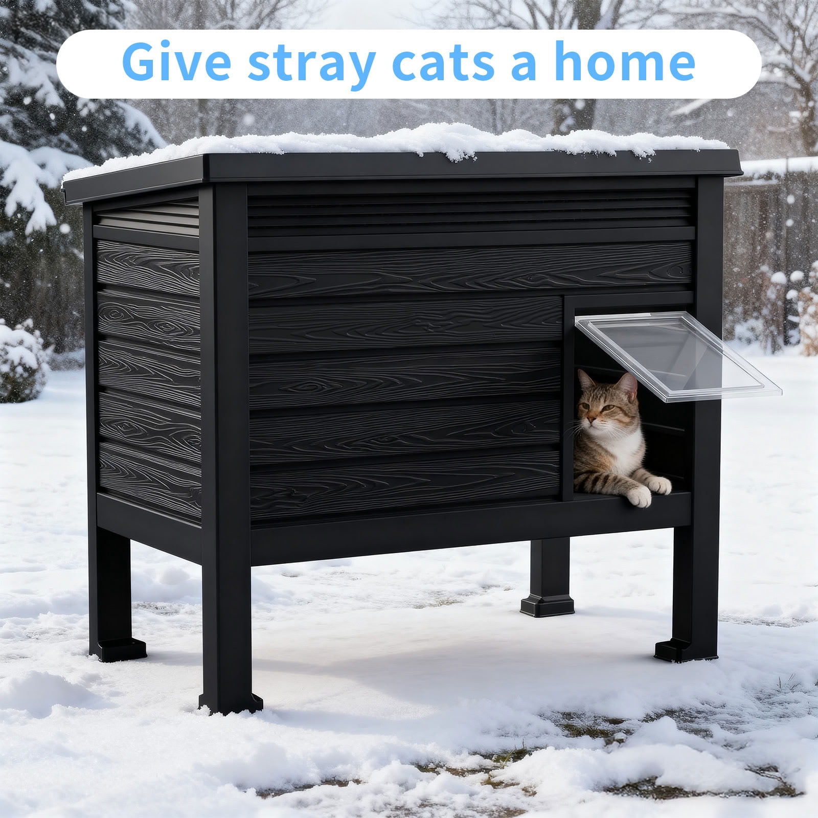 MAYEERTY Heated Indoor & Outdoor Cat House, Heavy-Duty Gas Spring Lid Pet Retreat with Removable Heating Pad