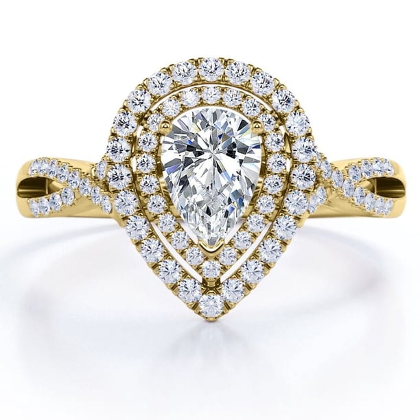 JeenMata Anillo de Compromiso de Estilo Cruzado con Halo Doble en Forma de Almendra de 1,5 Quilates Bañado en Oro Amarillo de 18 K sobre Plata