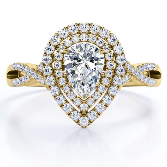 JeenMata Anillo de Compromiso Estilo Cruzado con Halo Doble en Forma de Almendra de 1,5 Quilates en Baño de Oro Amarillo de 18 K sobre Plata