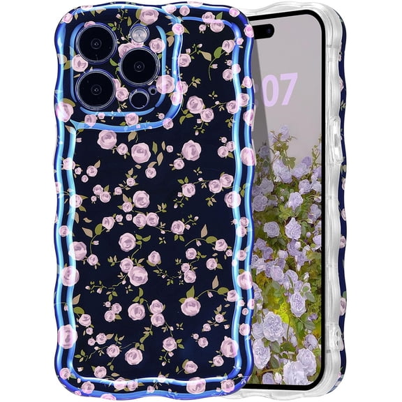 Case for iPhone 15 Pro Max, Cute Rose Flower Laser Glossy Pattern Curly Wave Border Exquisite Floral Painting Phone Cover Durable Soft TPU Protective Case for Girls Women - Purple Flower/Black