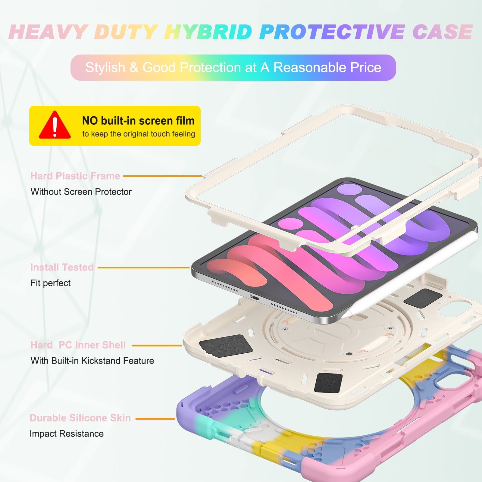 Rugged Case for 2021 Apple iPad Mini 8.3-Inch (6th Generation 2021 Release) - Rotating Stand Case with Adjustable Hand Strap /Pencil Holder, Shockproof Protective Hard Cover (Rainbow Pink)