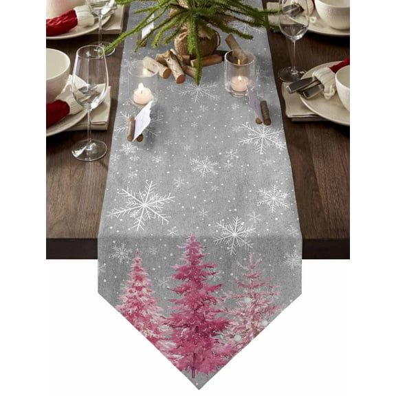 Table Runner Dresser Scarves Christmas Pink Xmas Pine Tree Cotton Linen Burlap Table Cover Winter Snowflake on Gray Table Runners for Family Kitchen Dining Holiday Party Banquet Decor