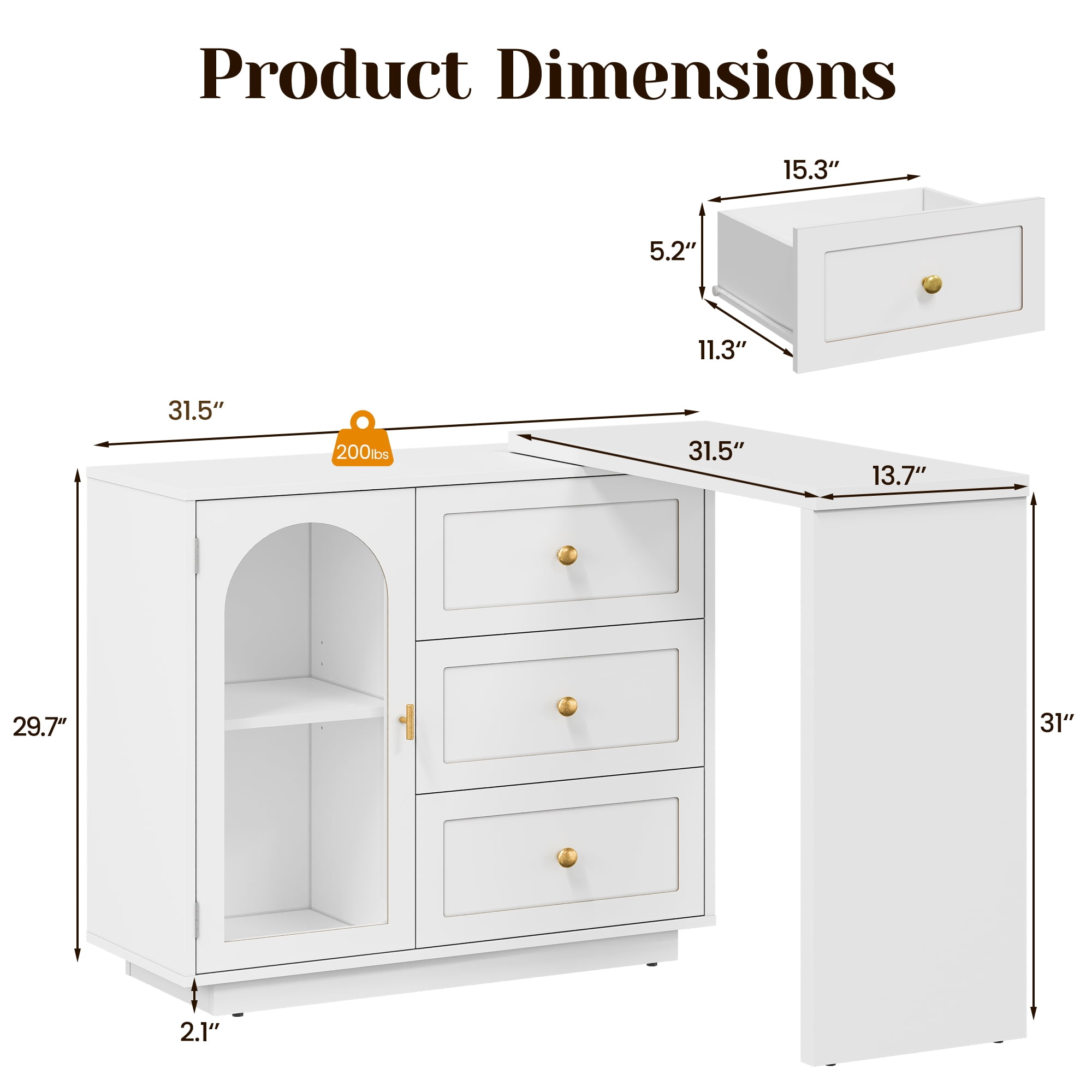 Heynemo Makeup Vanity Desk, Extendable Corner Vanity Makeup Table with 3 Drawers & 1 Door, Modern Dressing Table for Bedroom, Vanities for Women/Girls Bedroom (without Mirror)