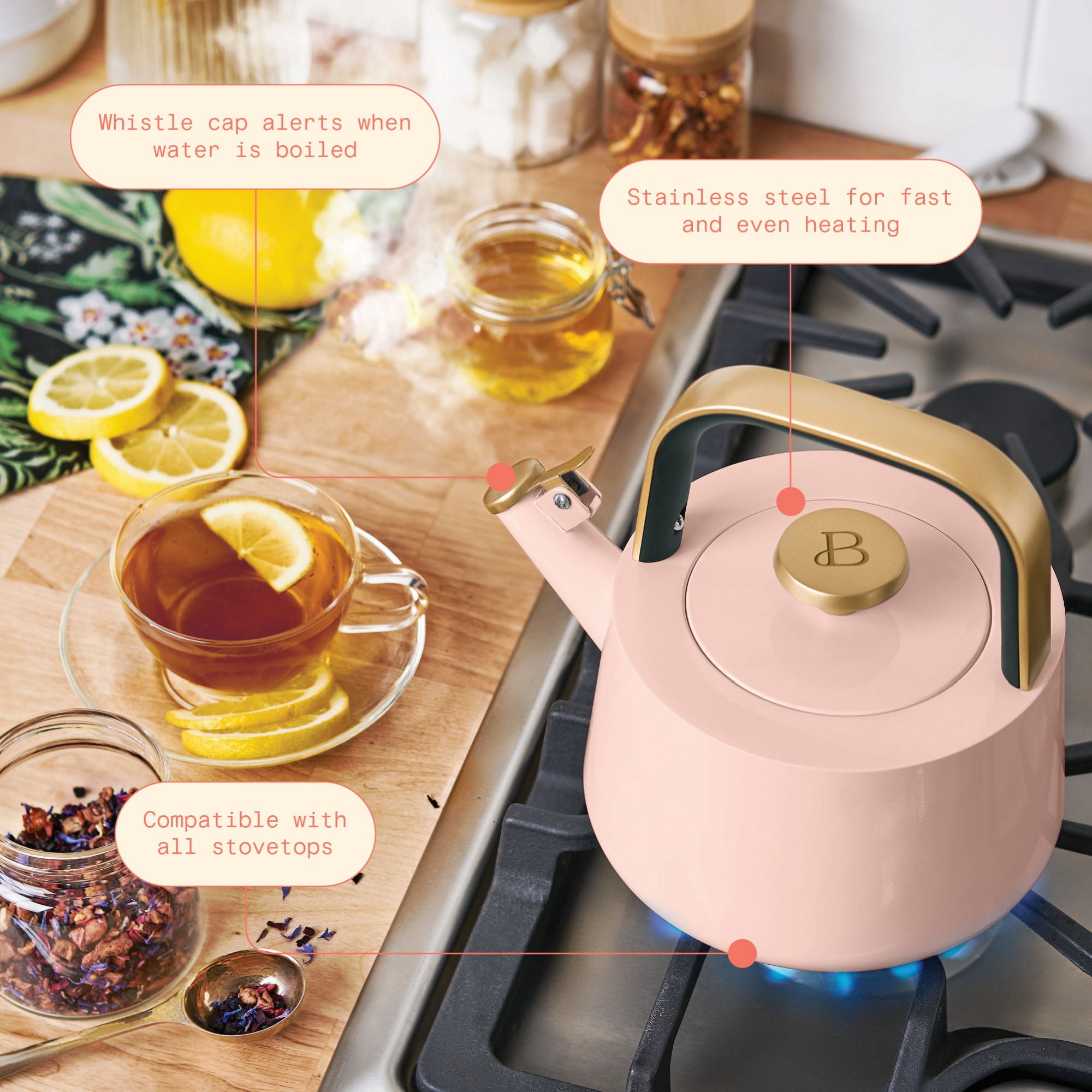 Beautiful 1.8L Ceramic Non-Stick Stovetop Tea Kettle, Rose by Drew Barrymore