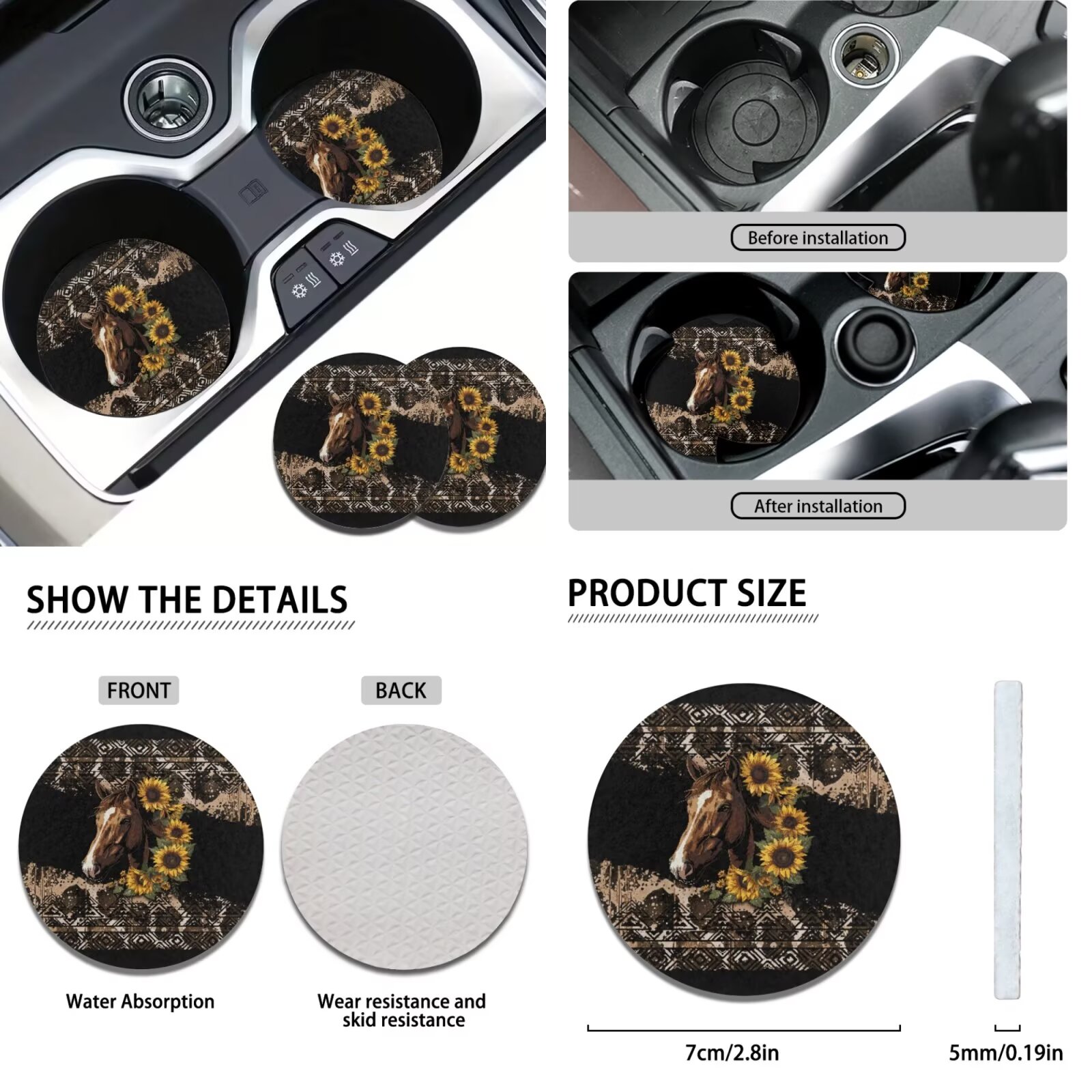 Garronmavis Aztec Horse Car Accessories Set Steering Wheel Wrap Gear Shift Cover Handbrake Sleeve Headrest Protectors Cup Coasters Easy to Install Air Breath in Summer Universal Interior Accessories