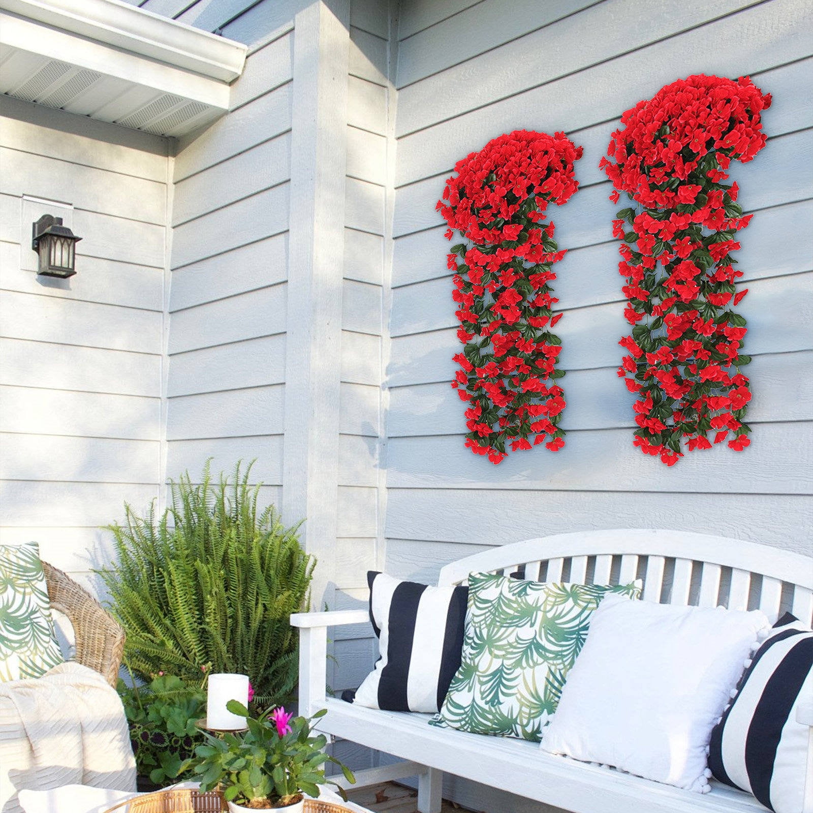 1pcs Artificial Hanging Flowers Outdoor Faux Plants Spring Decor Fake Mums Violets with Eucalyptus Realistic UV Resistant Trailing Vines Porch Yard Indoor Five-petal