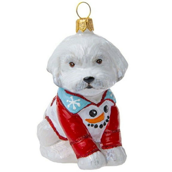 Joy To The World Maltese in Snowman Christmas Pajamas Polish Glass Ornament