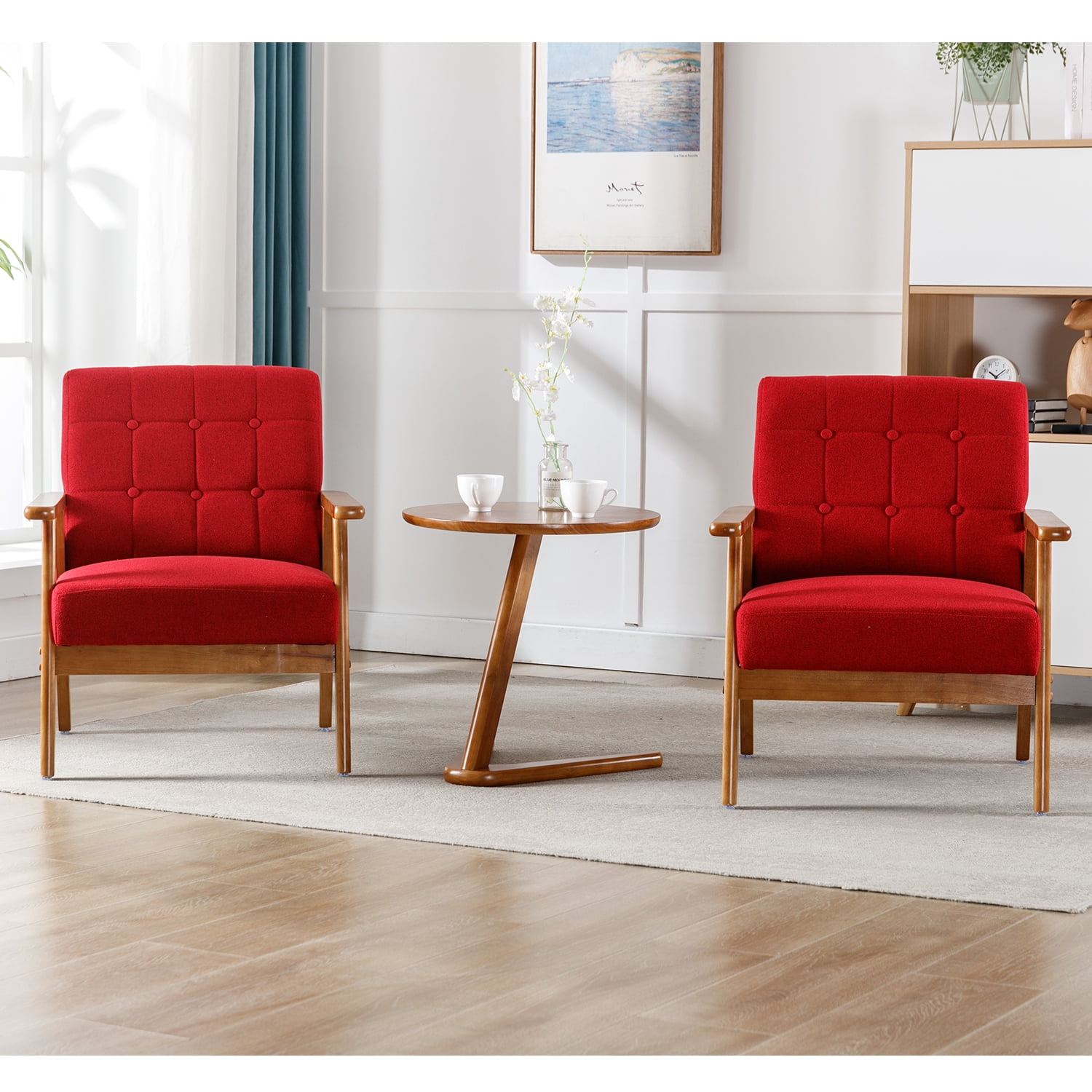Ufurpie Set of 2 Accent Chairs with Side Table,Mid Century Modern Linen Fabic Chair,Upholstery Armchair for Living Room,Bedroom,Office,Red