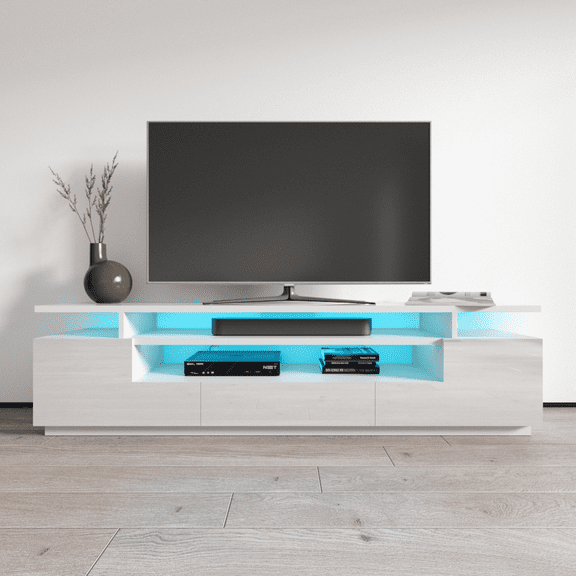Eva TV Stand for TVs up to 85", Modern High Gloss 77" Entertainment Center, TV Media Console with Storage Cabinets and LED Lights