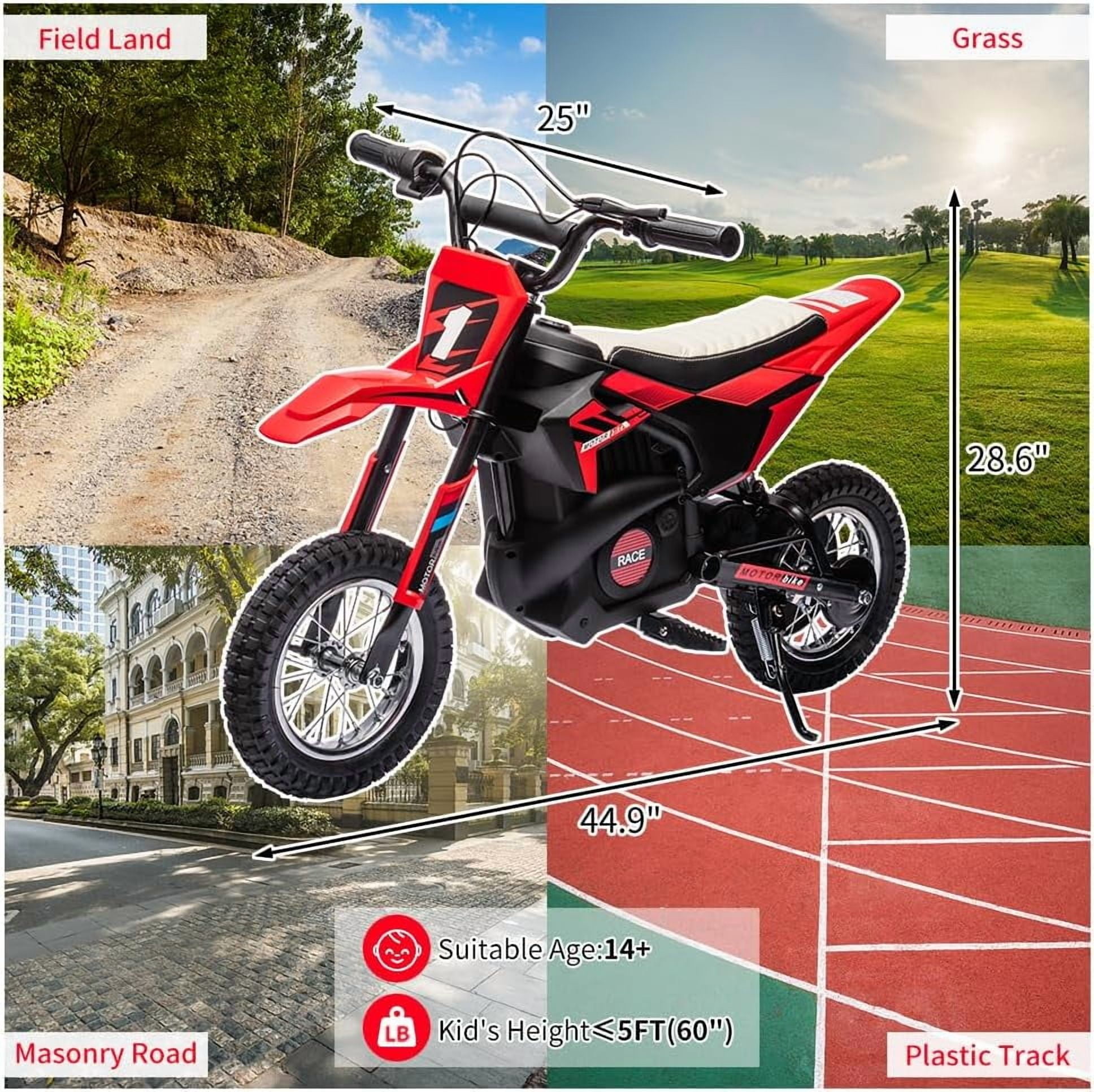 Historyli Ride On Electric Motorcycle-24V 250W Motor 13.6MPH Fast Speed Dirt Bike-Leather Seat Battery Powered Off-Road Bike,Twist Grip Throttle,Metal Suspension,Air-Filled Tires-Red