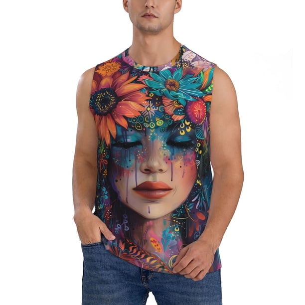 Fotbe Bohemian Colorful Flower Woman Men's Camiseta sin Mangas Estampada para Hombres, Playera Casual para Gimnasio, Entrenamiento, Playa-Large