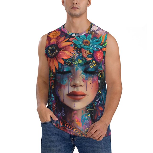 Fotbe Bohemian Colorful Flower Woman Men's Camiseta sin Mangas Estampada para Hombres, Playera Casual para Gimnasio, Entrenamiento, Playa-Large