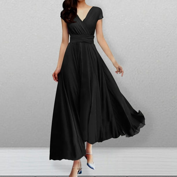 Puntoco Vestido De Manga Corta Con Cuello En V, Vestido De Noche Con Cintura De Color Liso De Verano Para Mujer Negro L