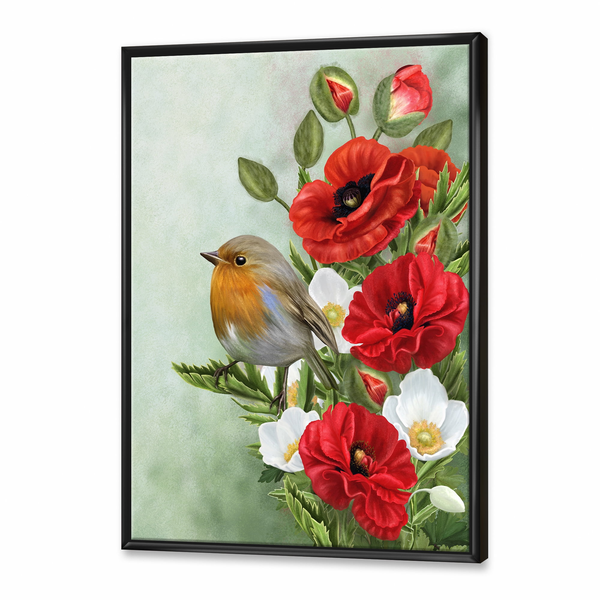 Designart 'Red Poppies and White Anemones With Yellow Bird' Traditional Framed Canvas Wall Art Print