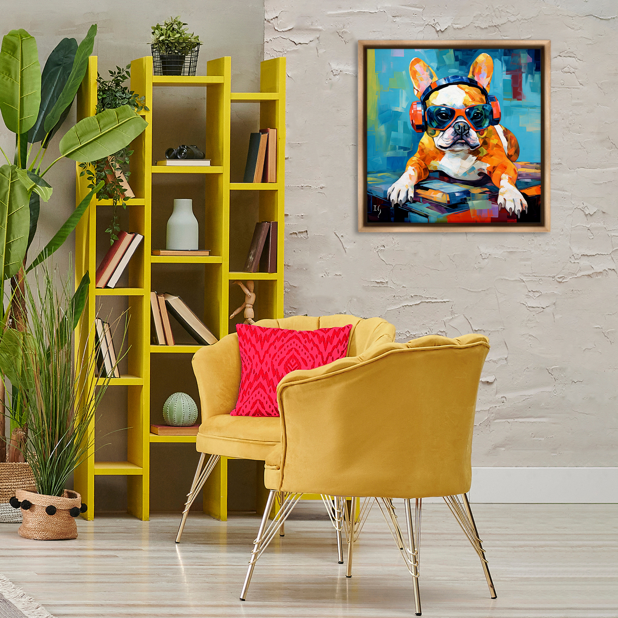 Stupell Industries French Bulldog with Headphones Animals & Insects Painting Brown Floater Framed Canvas Art Print Wall Art, 25 x 25
