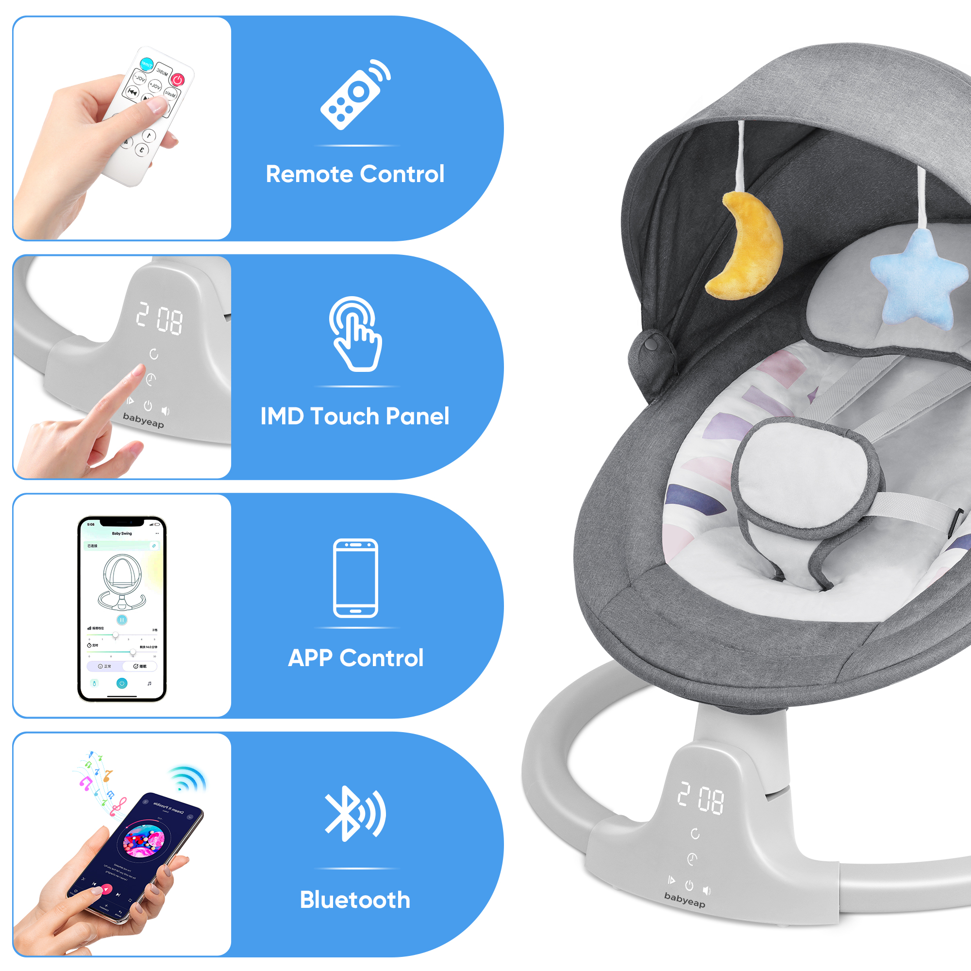 Babyeap Baby Swing with App Remote Control, Gray photo 7