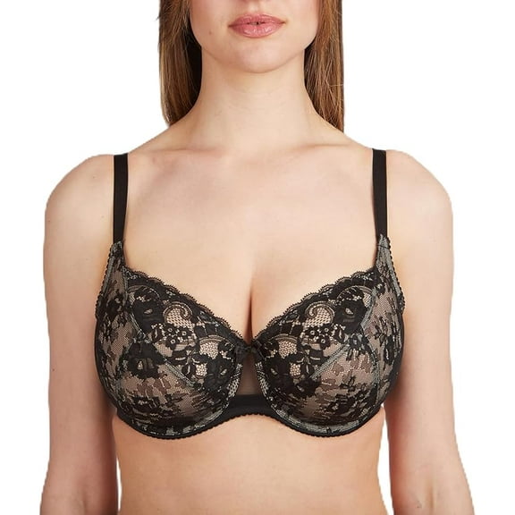 MILAVITSA Bra with Underwire, lace with Rose Pattern, with Soft Cups, Color: Black With Nude, Size 34D