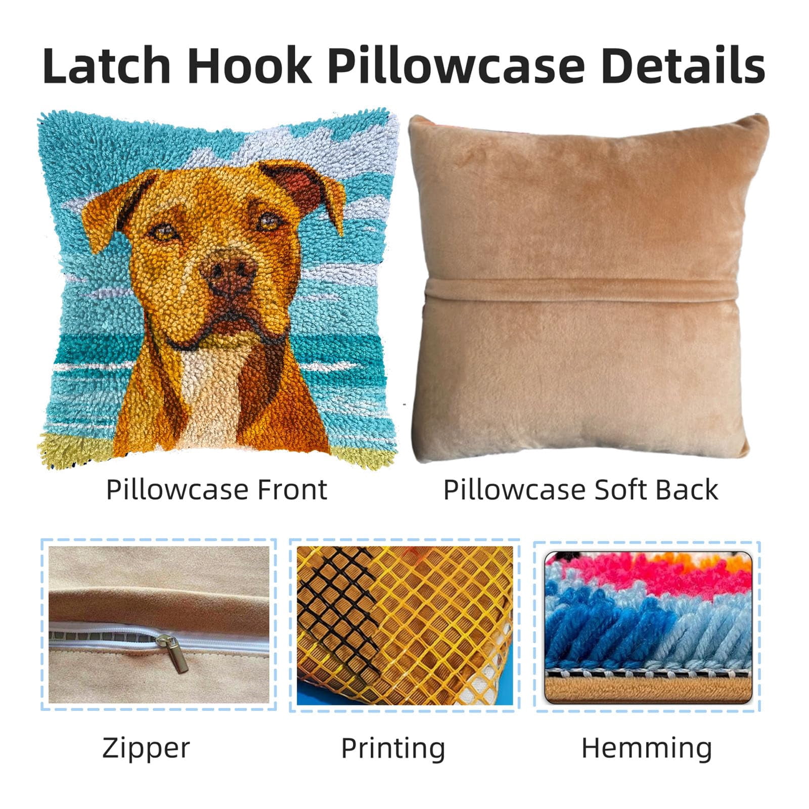 DIY Latch Hook Pillow Kits for Adults Cartoon Pitbull Dog Printed Pillowcase Crochet Yarns Hooking Handmade Pillow Cover Cushion for Home Sofa Decoration 17x17inch-3