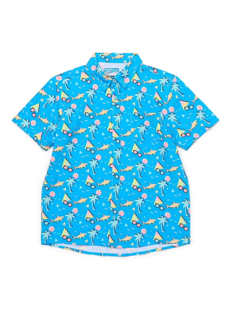 Boy's 2-Piece Hawaiian Beach Suit - American Flag Short Sleeve Shirt & Shorts Set