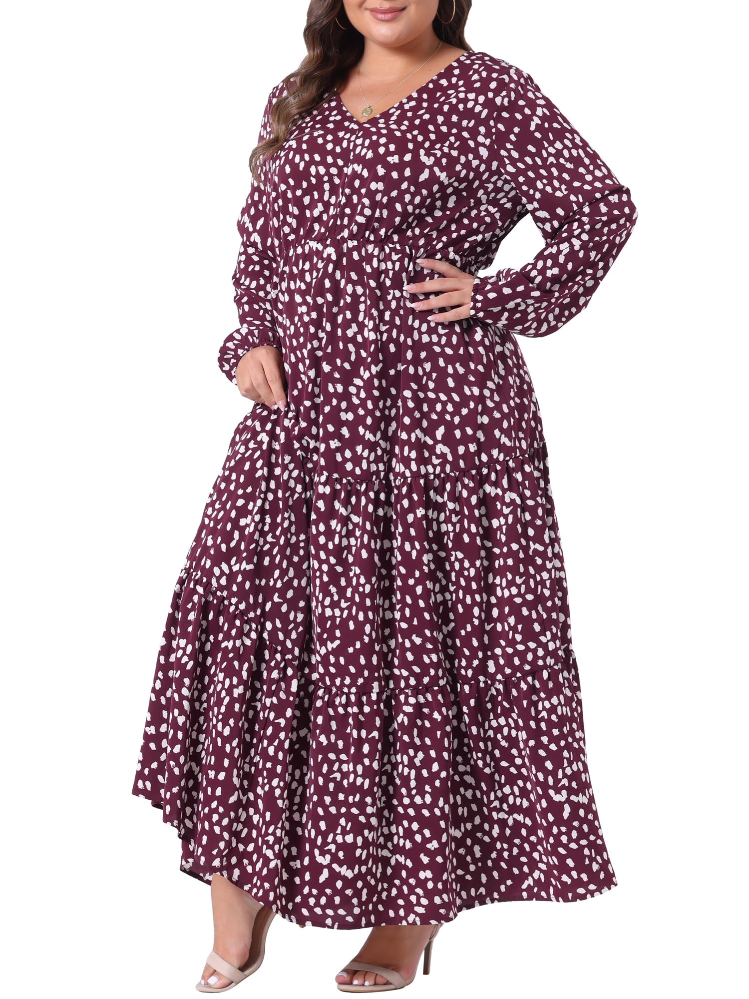 DARING DIVA Plus Size Polka Dots Long Maxi Lantern Sleeve Dress 3X Dark Red