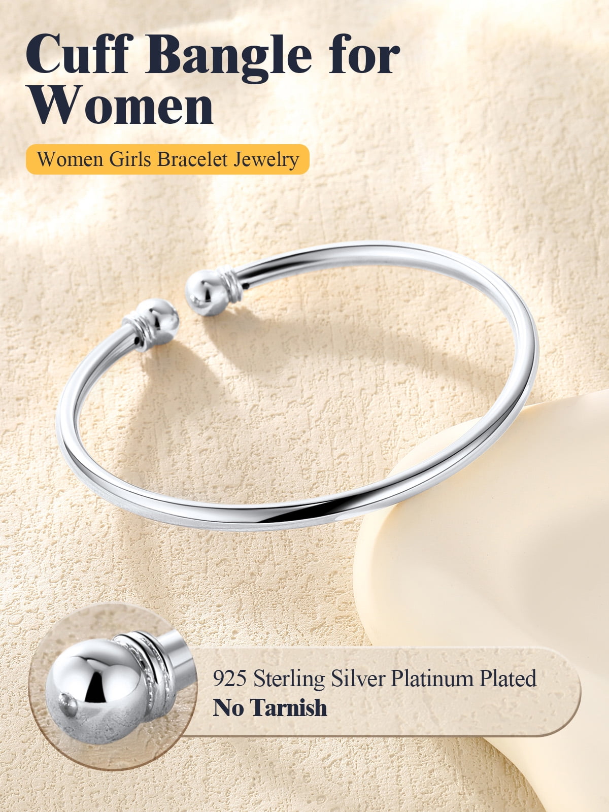 U7 Womens Bracelets 925 Sterling Silver Open Bangle Bracelet 7mm Round Ball Trendy Cuff Bangle Gift for Daughter