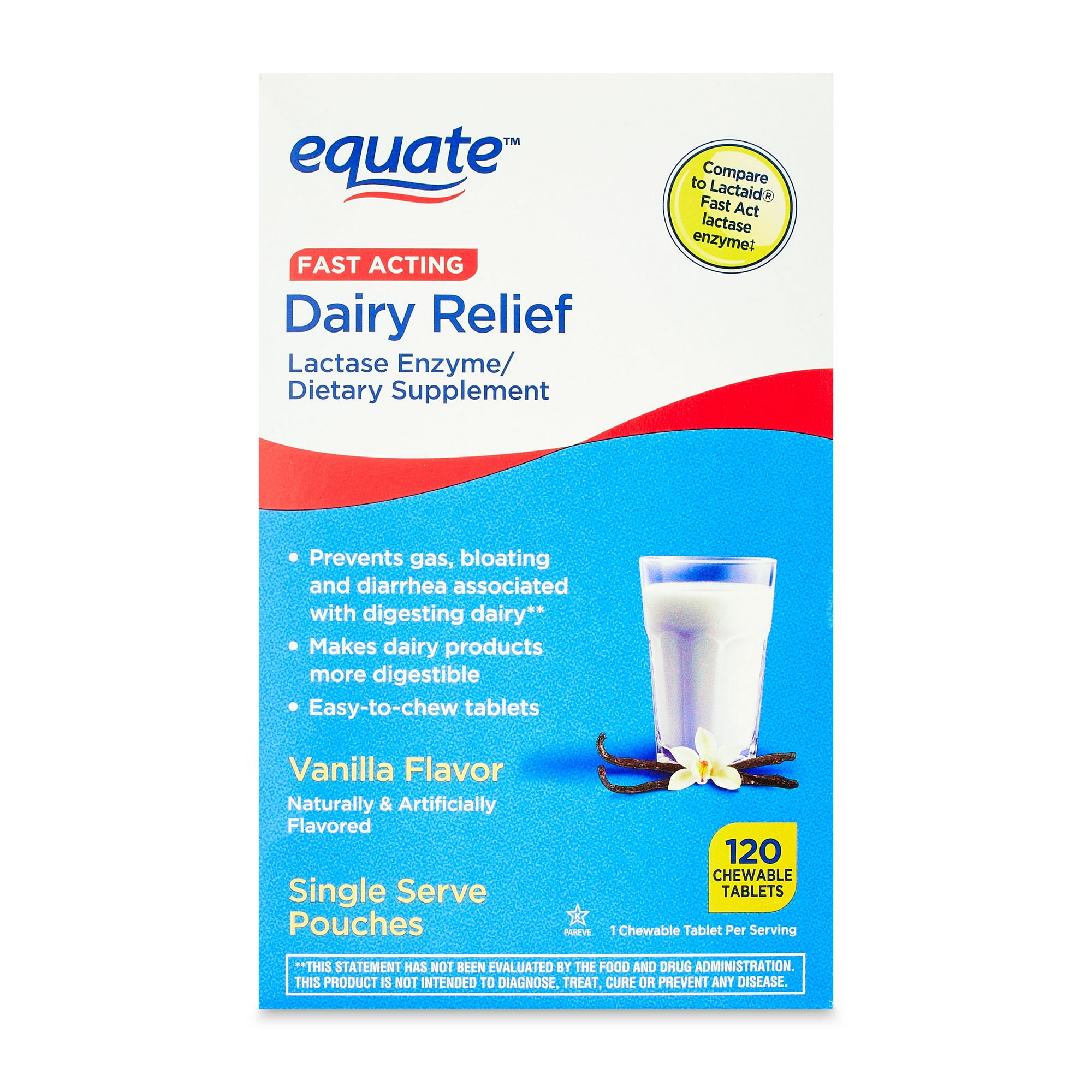 Equate Dairy Relief Lactase Enzyme Chewable Tablets, Vanilla Flavor, 120 Count, Compare to Lactaid Fast Act